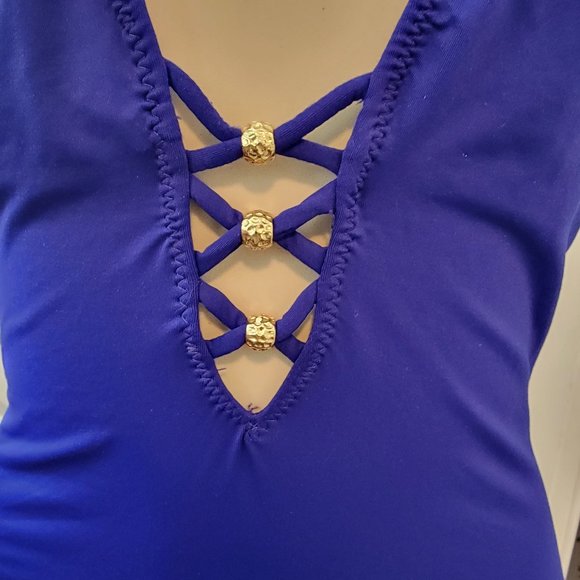 Trina Turk Algiers Deep V Neck Lattice Back Strappy Front One Piece - Picture 5 of 16